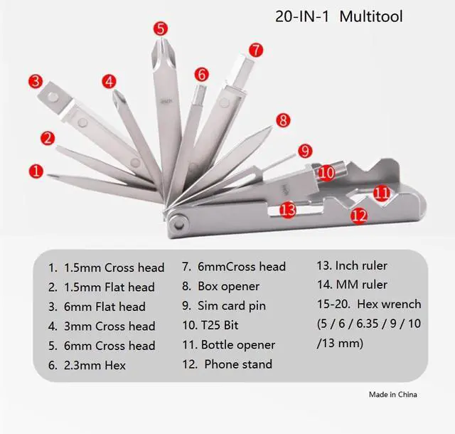 Alt view image 5 of 5 - 20-in-1 Multitool Card, Stainless Steel, Pocket Size, with Screwdrivers, Bottle Opener, Phone Stand, Hex Wrench, Rulers, SIM Card Pin