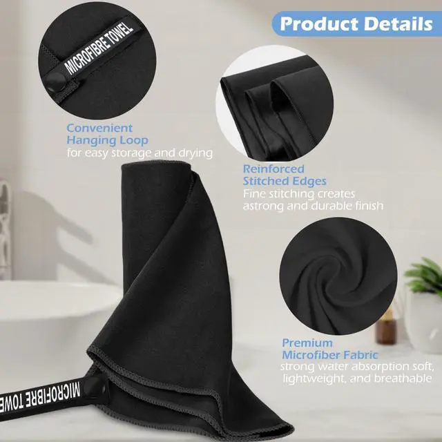 Alt view image 4 of 7 - Quick Dry Towels 3 Pack, Ultra Soft Lightweight Microfiber Towel Fast Drying Travel Towels with Bag, Highly Absorbent Compact for Camping, Beach, Yoga, Swimming Gym Black