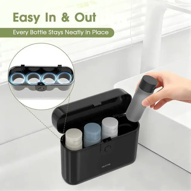 Alt view image 6 of 7 - Travel Bottles TSA 4x2oz With Case Leak-Proof Black | Durable ABS hard case, press-to-unlock, 4 individual compartments, wide-mouth bottles for easy fill, leak-proof seals