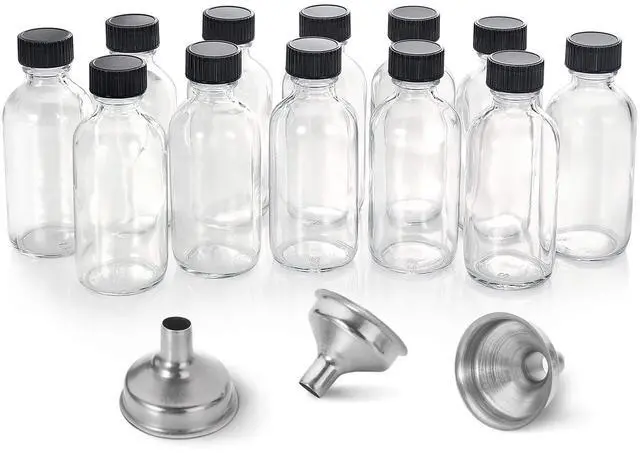 Main image of 12 Pack, 2 oz Small Clear Glass Bottles w/Lid & 3 Funnels - 60ml Boston Shot Bottles for Health, Immunity, Potion, Wellness, Sample, Ginger, Juice - Mini Personal Care & Beauty Travel Bottle
