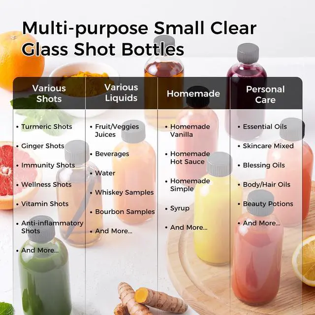 Alt view image 2 of 7 - 12 Pack, 2 oz Small Clear Glass Bottles w/Lid & 3 Funnels - 60ml Boston Shot Bottles for Health, Immunity, Potion, Wellness, Sample, Ginger, Juice - Mini Personal Care & Beauty Travel Bottle