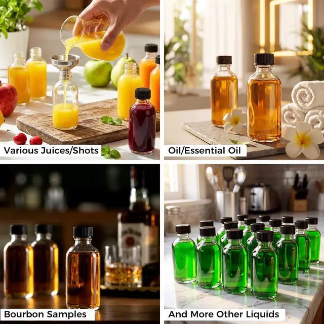 Alt view image 3 of 7 - 12 Pack, 2 oz Small Clear Glass Bottles w/Lid & 3 Funnels - 60ml Boston Shot Bottles for Health, Immunity, Potion, Wellness, Sample, Ginger, Juice - Mini Personal Care & Beauty Travel Bottle
