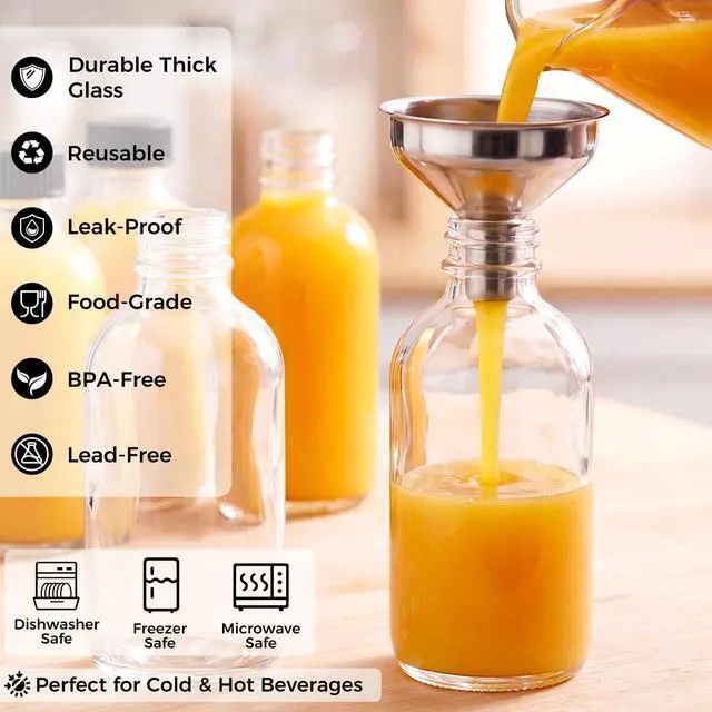 Alt view image 4 of 7 - 12 Pack, 2 oz Small Clear Glass Bottles w/Lid & 3 Funnels - 60ml Boston Shot Bottles for Health, Immunity, Potion, Wellness, Sample, Ginger, Juice - Mini Personal Care & Beauty Travel Bottle