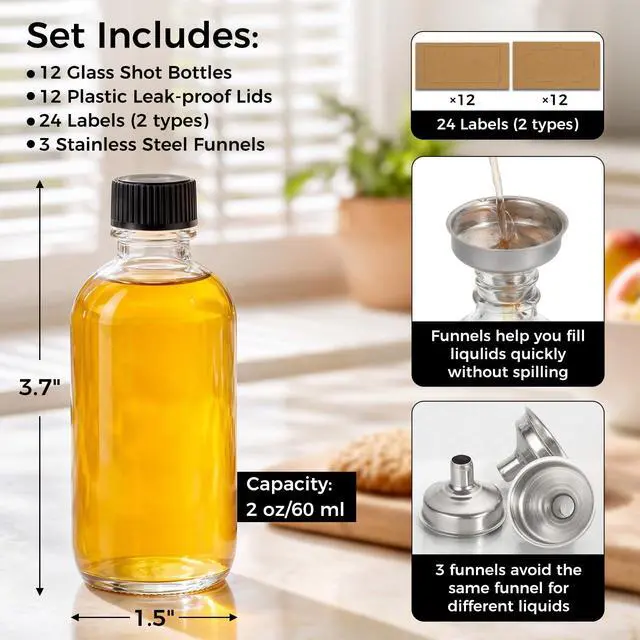 Alt view image 5 of 7 - 12 Pack, 2 oz Small Clear Glass Bottles w/Lid & 3 Funnels - 60ml Boston Shot Bottles for Health, Immunity, Potion, Wellness, Sample, Ginger, Juice - Mini Personal Care & Beauty Travel Bottle