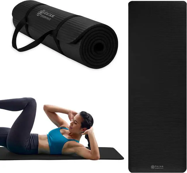 Alt view image 2 of 7 - Essentials Thick Yoga Mat Fitness & Exercise Mat with Easy-Cinch Carrier Strap, black, 72"L X 24"W X 2/5 Inch Thick, 10mm