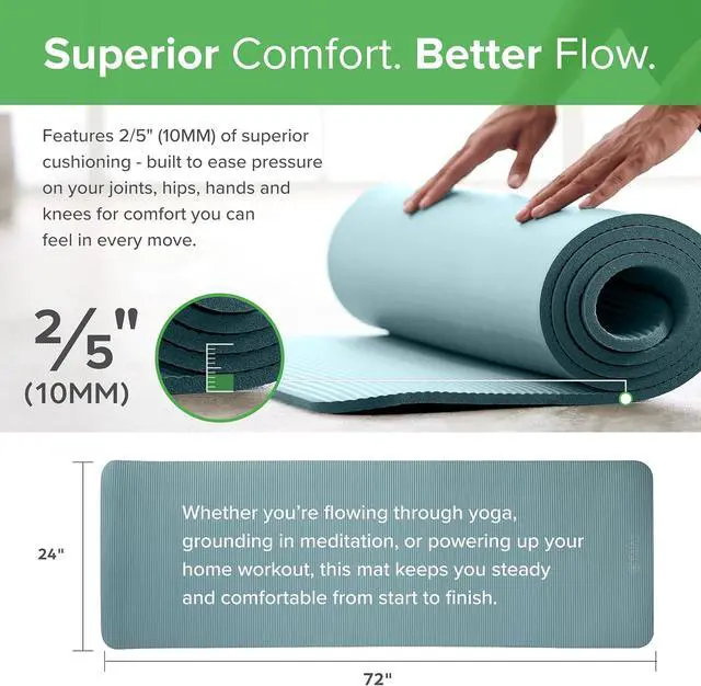 Alt view image 5 of 7 - Essentials Thick Yoga Mat Fitness & Exercise Mat with Easy-Cinch Carrier Strap, black, 72"L X 24"W X 2/5 Inch Thick, 10mm