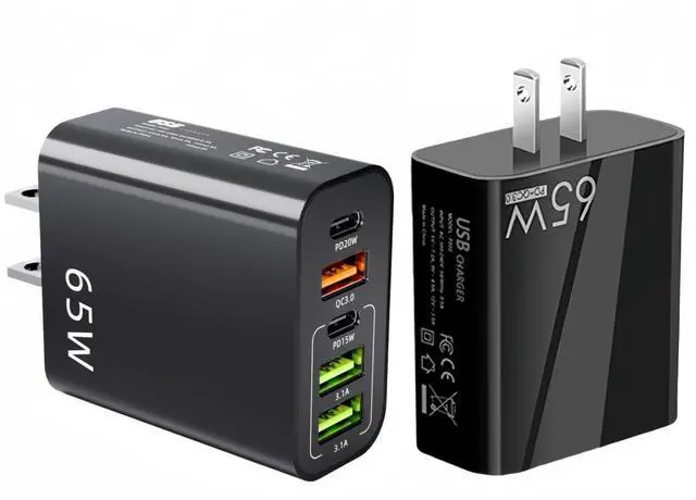 Main image of 2-PCS-USB Charger, 65 W USB Charger, with 5 USB Port - 3USB + 2 PD Fast Wall Charger, Type C Charger, for Computer, Tablet, and Cell Phones