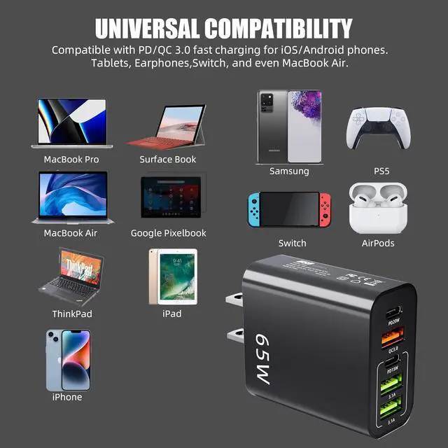 Alt view image 6 of 7 - 2-PCS-USB Charger, 65 W USB Charger, with 5 USB Port - 3USB + 2 PD Fast Wall Charger, Type C Charger, for Computer, Tablet, and Cell Phones