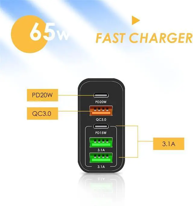 Alt view image 7 of 7 - 2-PCS-USB Charger, 65 W USB Charger, with 5 USB Port - 3USB + 2 PD Fast Wall Charger, Type C Charger, for Computer, Tablet, and Cell Phones