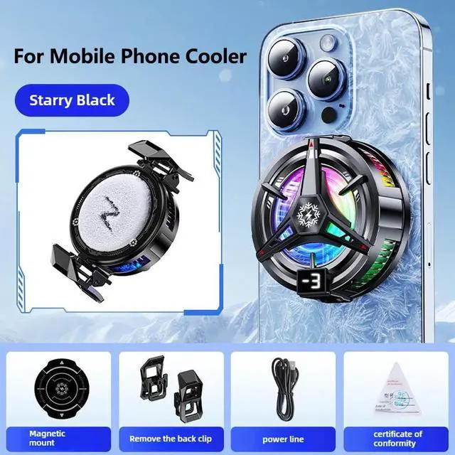 Alt view image 2 of 7 - Protable Mobile Phone Cooler, Three-Speed Magnetic Cellphone Radiator with Temperature Display&Light, Rechargeable Phone Cooling Fan with Semi-Conductor Cooling Chip for Mobile Gaming Live Streaming
