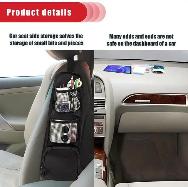 Alt view image 4 of 7 - 2PCS Car Seat Storage Hanging Bag, Multi-Pocket Seat Side Organizer, Multifunctional Mesh Net Pocket, Can Hold Mobile Phone, Wallet, Glasses, Suitable for Cars, SUVs, Trucks