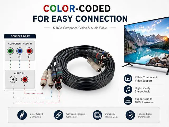 Alt view image 3 of 7 - 5 RCA Cables 6 feet Component Cable RCA Splitter Audio Video Cable YPbPr RGB AV Cable 1080i Male/Male for DVD STB TV Box HDTV - 1.8m