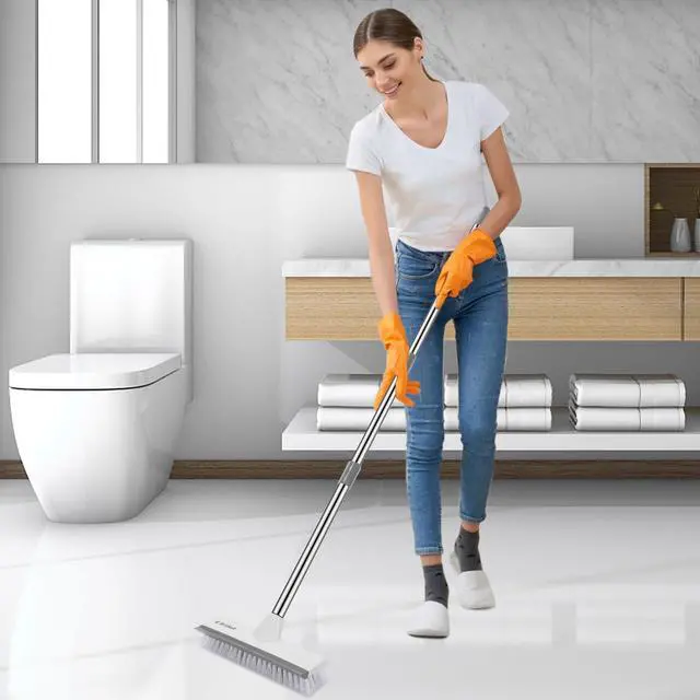 Alt view image 7 of 7 - Floor Scrub Brush with 51-Inch Long Adjustable Handle 2 in 1 Scrape Brush Stiff Bristle Floor Scrubber for Cleaning Shower Bathroom Garage Kitchen Wall Deck Tub Tile