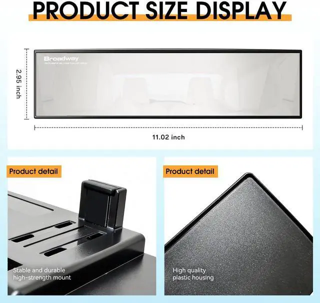 Alt view image 2 of 7 - Broadway Panoramic Rear View Mirror Wide Angle Car Mirror Blind Spot Convex Rearview Mirror Essential Rear View Mirror Accessories for Cars SUV Trucks Vehicles (270mm-White)