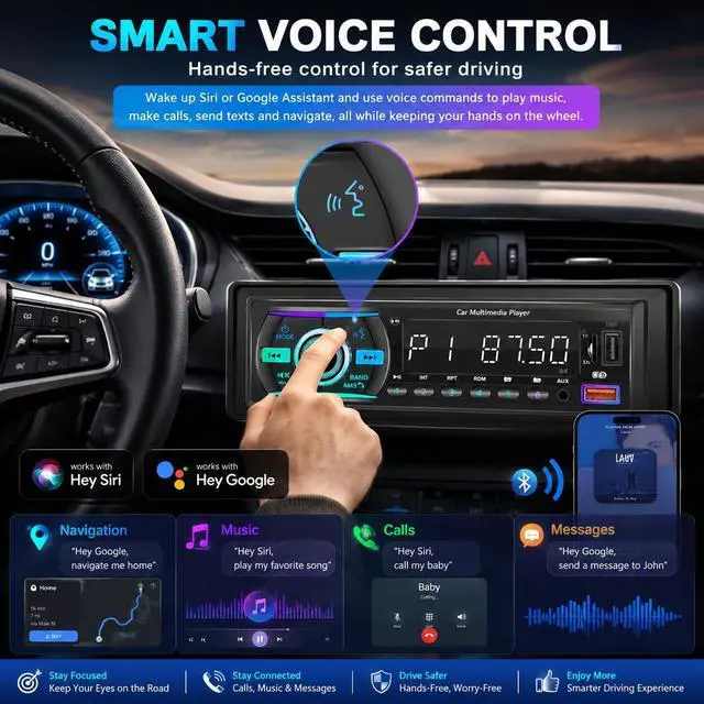 Alt view image 4 of 7 - Car Stereo Bluetooth Single Din Radio, Car Audio with Push to Talk Assistant, Hands-Free Calling, FM/AUX/SD, Dual USB, 7 LED Colors, LCD & iOS/Android App Control for Cars, Boats & RVs (Black)
