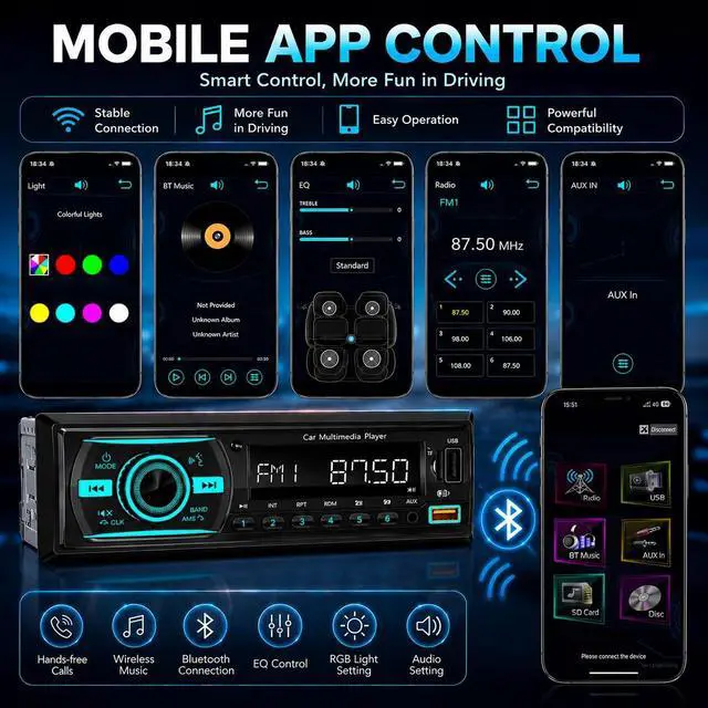 Alt view image 3 of 7 - Car Stereo Bluetooth Single Din Radio, Car Audio with Push to Talk Assistant, Hands-Free Calling, FM/AUX/SD, Dual USB, 7 LED Colors, LCD & iOS/Android App Control for Cars, Boats & RVs (Black)