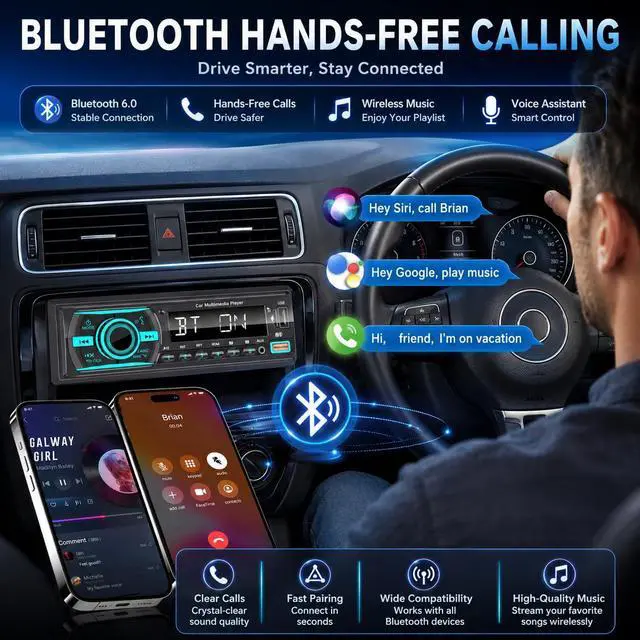 Alt view image 5 of 7 - Car Stereo Bluetooth Single Din Radio, Car Audio with Push to Talk Assistant, Hands-Free Calling, FM/AUX/SD, Dual USB, 7 LED Colors, LCD & iOS/Android App Control for Cars, Boats & RVs (Black)
