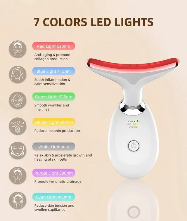 Alt view image 3 of 7 - Red Light Therapy for Face and Neck, 7 Color Light Based Face Massager Tool, Portable Skin Care Tool for Firming, Tightening and Lifting, Gifts for Women & Men (White)