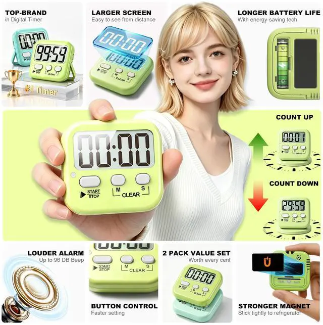 Alt view image 4 of 7 - 2 Pack Digital Timer for Kids, Magnetic Countdown Kitchen Timers for Cooking, Egg, Classroom, Teacher, Exercise, Study, Oven - Battery Included