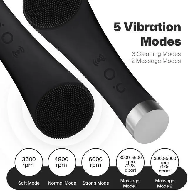 Alt view image 3 of 7 - Facial Cleansing Brush, Rechargeable Silicone Face Scrubber with Heat Massage End, Vibrating Exfoliator Scrubber for Deep Cleaning, Waterproof Face Brush for Women and Men (Black)