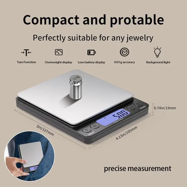 Alt view image 3 of 7 - Digital Jewelry Scale 500g x 0.01g Precision Gold Scale for Jewelers & Collectors, Digital Coin Scale with Backlit LCD, Tare Function Ideal for Gemstones, Bullion & Coins.