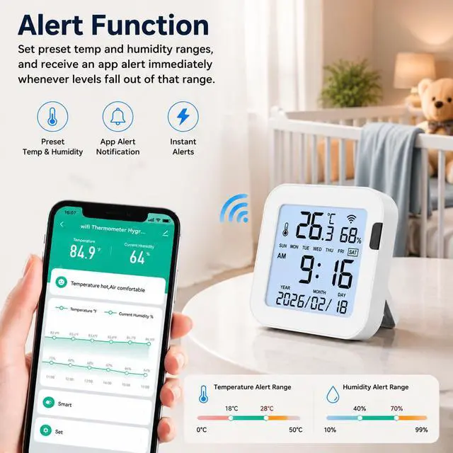 Alt view image 2 of 7 - WiFi Temperature Humidity Monitor: Upgraded Smart Temperature and Humidity Sensor with Large Backlit LCD Screen & App Alerts, Indoor Thermometer Hygrometer Compatible with Alexa Google Assistant
