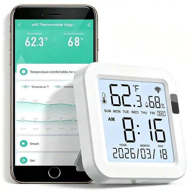 Main image of WiFi Temperature Humidity Monitor: Upgraded Smart Temperature and Humidity Sensor with Large Backlit LCD Screen & App Alerts, Indoor Thermometer Hygrometer Compatible with Alexa Google Assistant