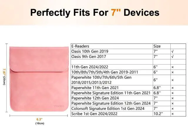 Alt view image 2 of 7 - 7 Inch Sleeve Case, Compatible with All 7'' E-Reader Book (10th Gen. 2019/9th Gen. 2017) & Kobo Devices, Protective Sleeve Cover Pouch Bag Carrying Case for eReader, Pink