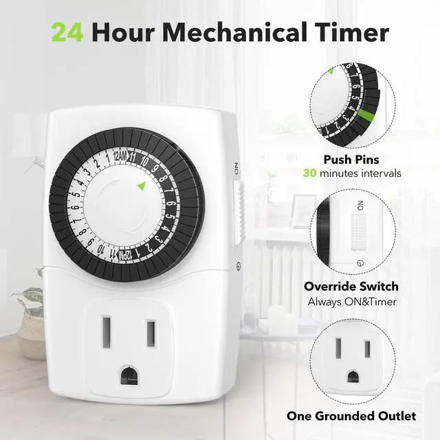 Alt view image 2 of 7 - BND-60/U47 Indoor Mini 24-Hour Mechanical Outlet Timer, 3-Prong, 2-Pack