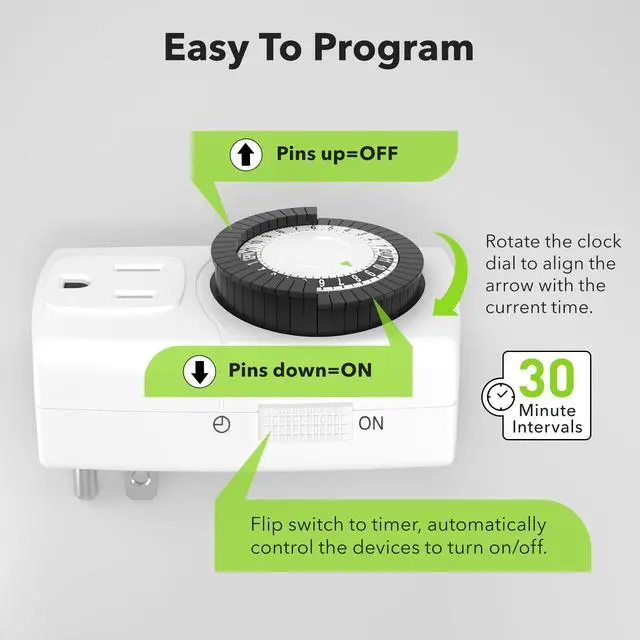 Alt view image 3 of 7 - BND-60/U47 Indoor Mini 24-Hour Mechanical Outlet Timer, 3-Prong, 2-Pack