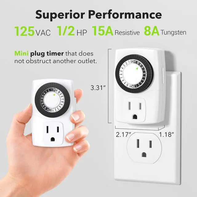Alt view image 5 of 7 - BND-60/U47 Indoor Mini 24-Hour Mechanical Outlet Timer, 3-Prong, 2-Pack