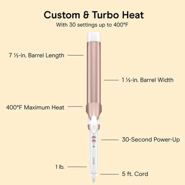 Alt view image 4 of 7 - Double Ceramic 1 1/2-Inch Extra Long Barrel Curling Iron, Soft Waves for All Hair Types, 30 Heat Settings, Dual Voltage, Auto-Off, White/Rose Gold, CD710
