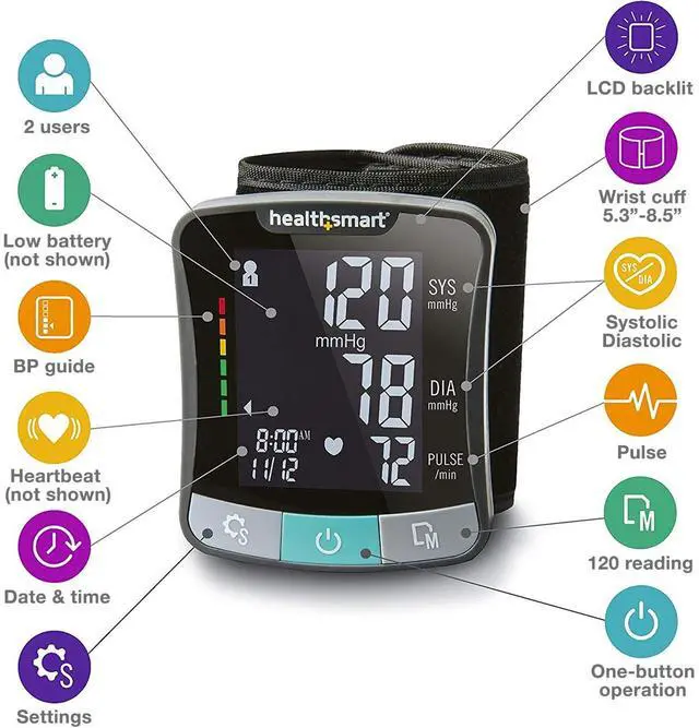 Alt view image 2 of 7 - Digital Premium Wrist Blood Pressure Monitor with Cuff That Measures Pulse Heartbeat and High or Low BP, 120 Reading Memory Stores Up to 60 Readings for 2 Users