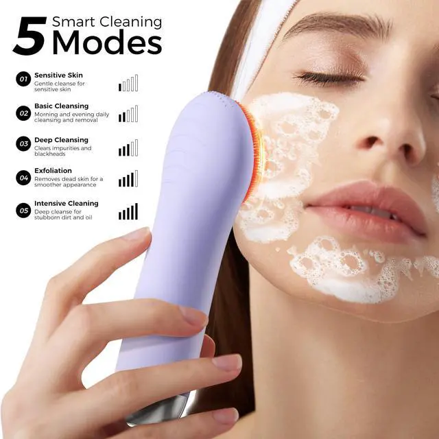 Alt view image 5 of 7 - Face Scrubber Brush, Electric Silicone Face Scrubber, Waterproof and Rechargeable Facial Cleansing Brush with 4 LED Gentle Light, Sonic Facial Pore Exfoliator Cleanser Tool for Women & Men
