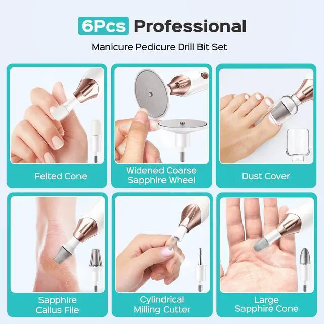 Alt view image 7 of 7 - C43 Professional Manicure Pedicure Kit, 5-in-1 Electric Nail File for Toenail Hand Feet - Upgrade Wider Grinder for Thick Nails Care, Cordless, 5 Speed, for Men Women Seniors Home Salon, White