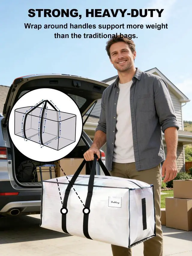 Alt view image 2 of 7 - Supports 200lbs Heavy Duty Moving Bags - Strong Zipper & Wrap-Around Handles - Water-Resistant Storage Totes, Durable Alternative to Moving Boxes - 8 Pack - Semi-Transparent