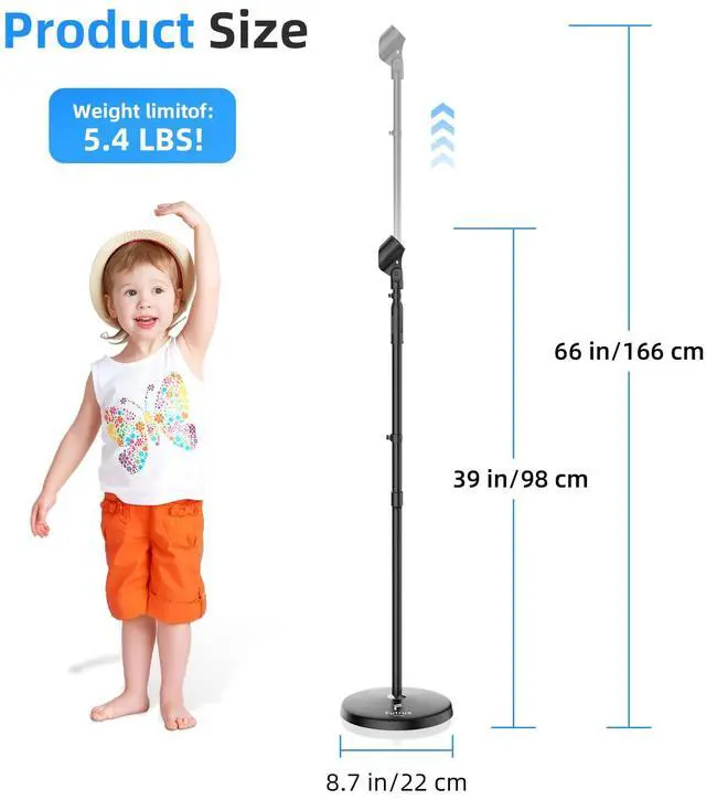 Alt view image 2 of 7 - Microphone Stand Mic Floor Stand, Adjustable Height from 39" to 66", 180° Rotatable Mic Clip Heavy Duty Round Base Boom Mic Arm Stand for Stage, Studios, Kids