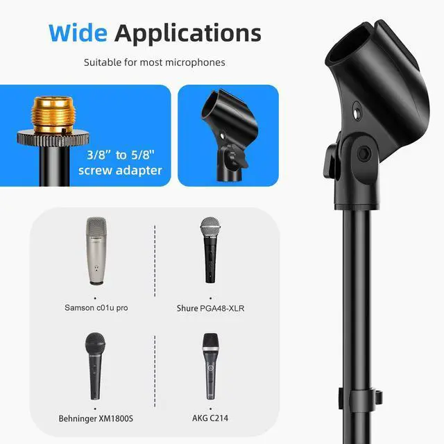 Alt view image 4 of 7 - Microphone Stand Mic Floor Stand, Adjustable Height from 39" to 66", 180° Rotatable Mic Clip Heavy Duty Round Base Boom Mic Arm Stand for Stage, Studios, Kids