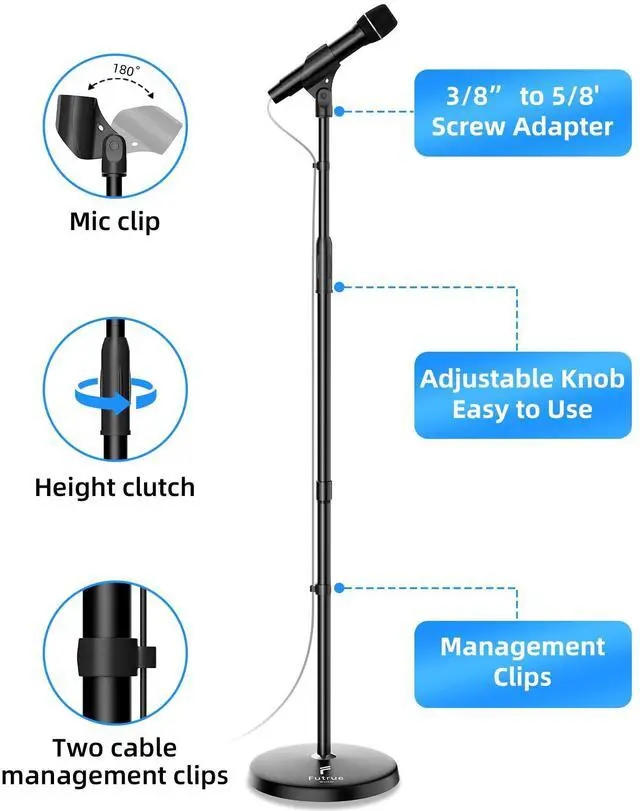 Alt view image 5 of 7 - Microphone Stand Mic Floor Stand, Adjustable Height from 39" to 66", 180° Rotatable Mic Clip Heavy Duty Round Base Boom Mic Arm Stand for Stage, Studios, Kids