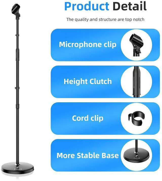 Alt view image 3 of 7 - Microphone Stand Mic Floor Stand, Adjustable Height from 39" to 66", 180° Rotatable Mic Clip Heavy Duty Round Base Boom Mic Arm Stand for Stage, Studios, Kids