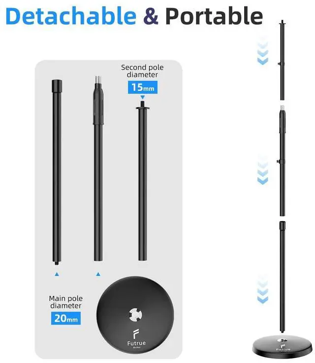 Alt view image 7 of 7 - Microphone Stand Mic Floor Stand, Adjustable Height from 39" to 66", 180° Rotatable Mic Clip Heavy Duty Round Base Boom Mic Arm Stand for Stage, Studios, Kids