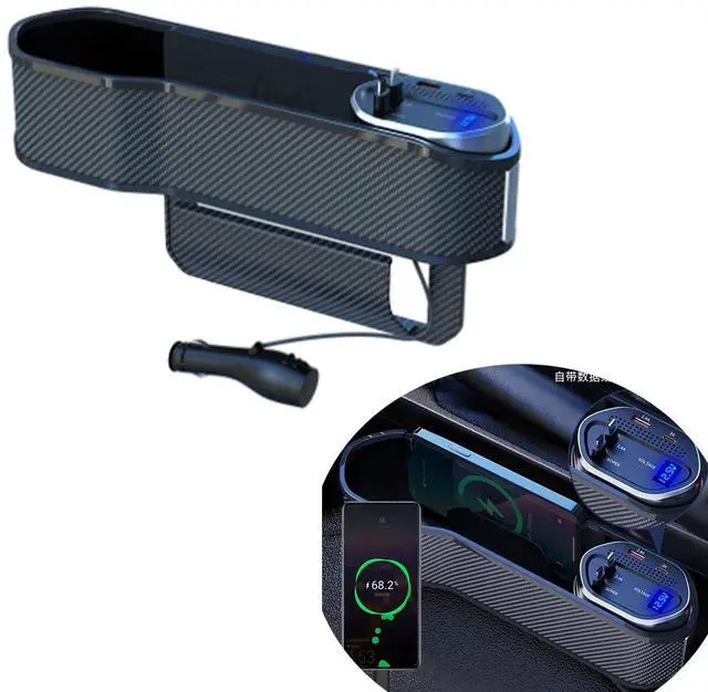 Main image of Car Seat Gap Filler Organizer with Wireless Charger,2 USB Ports and 2 Retractable Charging Cable of Type C, iOS, Multifunctional Storage Box with Cup Holder Cigarette Lighter Quick Charge
