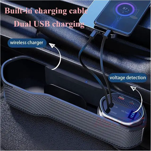 Alt view image 4 of 7 - Car Seat Gap Filler Organizer with Wireless Charger,2 USB Ports and 2 Retractable Charging Cable of Type C, iOS, Multifunctional Storage Box with Cup Holder Cigarette Lighter Quick Charge