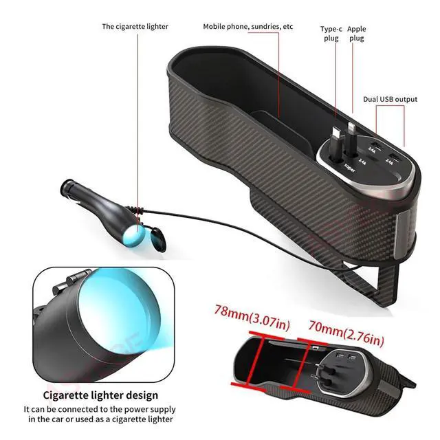 Alt view image 6 of 7 - Car Seat Gap Filler Organizer with Wireless Charger,2 USB Ports and 2 Retractable Charging Cable of Type C, iOS, Multifunctional Storage Box with Cup Holder Cigarette Lighter Quick Charge