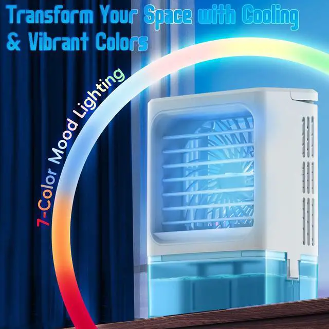 Alt view image 6 of 7 - Evaporative Air Cooler - Small Portable Air Conditioner - 4 in 1 Air Conditioner Fan - Indoor Mini AC Unit for Bedroom with Timer, 3 Speeds, 7 Color Night Light (White)