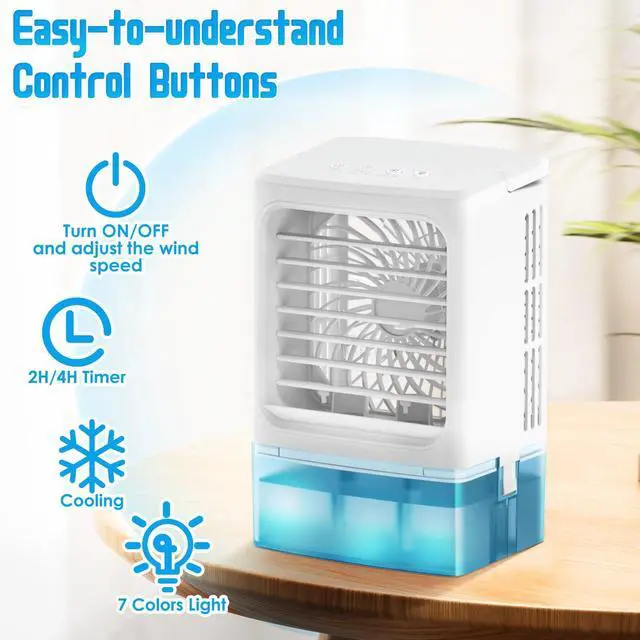 Alt view image 7 of 7 - Evaporative Air Cooler - Small Portable Air Conditioner - 4 in 1 Air Conditioner Fan - Indoor Mini AC Unit for Bedroom with Timer, 3 Speeds, 7 Color Night Light (White)