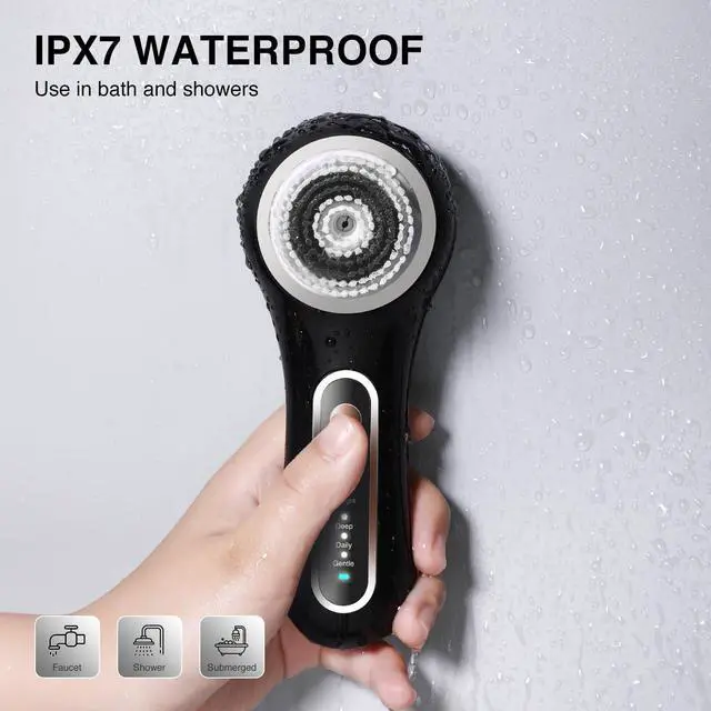 Alt view image 4 of 7 - Electric Facial Cleansing Brush, 2-Way Rotating Face Scrubber for Daily & Deep Cleaning, 3 Modes, 5 Brush Heads, Rechargeable, IPX7 Waterproof for All Skin Types