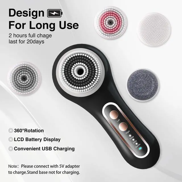 Alt view image 7 of 7 - Electric Facial Cleansing Brush, 2-Way Rotating Face Scrubber for Daily & Deep Cleaning, 3 Modes, 5 Brush Heads, Rechargeable, IPX7 Waterproof for All Skin Types