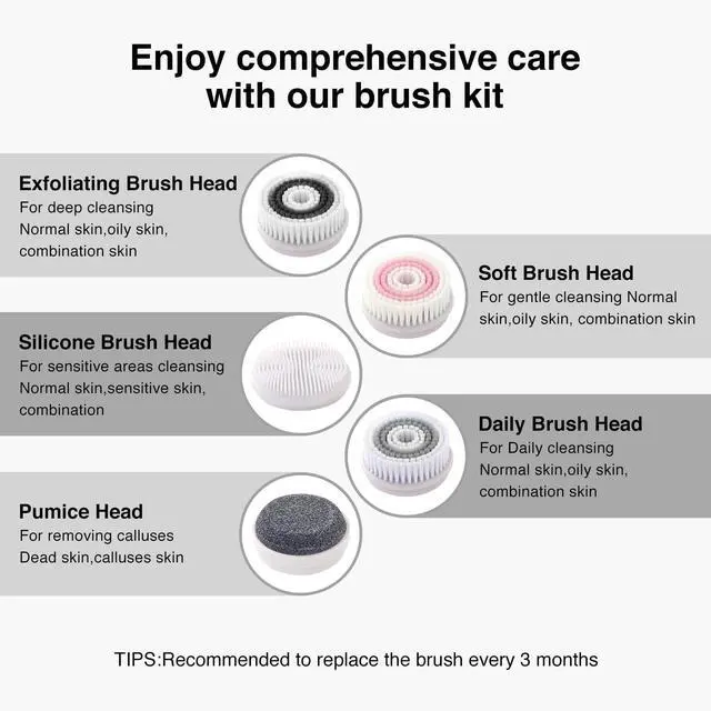 Alt view image 6 of 7 - Electric Facial Cleansing Brush, 2-Way Rotating Face Scrubber for Daily & Deep Cleaning, 3 Modes, 5 Brush Heads, Rechargeable, IPX7 Waterproof for All Skin Types