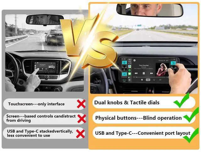 Alt view image 3 of 7 - Single Din Car Stereo Dual Knob Touchscreen Radio with Wireless Apple CarPlay & Android Auto Upgrade Your Classic Car with Easy Installation, Backup Camera Ready, Bluetooth, GPS, FM/AM, USB, EQ